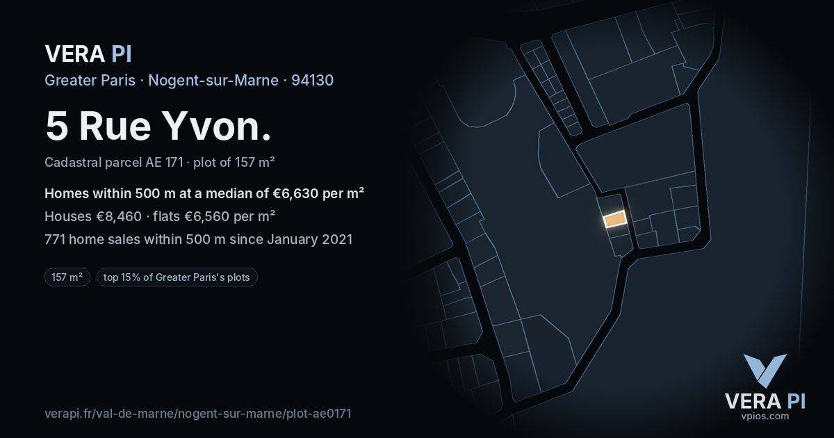 5 Rue Yvon, Nogent-sur-Marne at night – the plot lit, the parcels around coloured by the prices near them