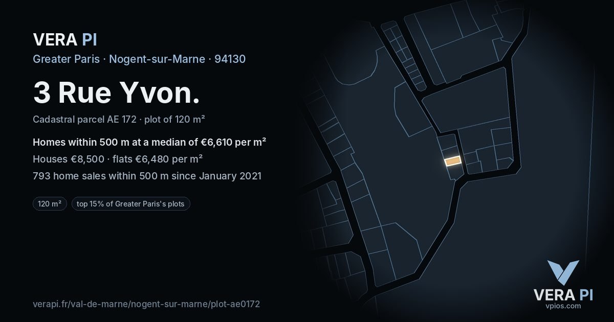 3 Rue Yvon, Nogent-sur-Marne at night – the plot lit, the parcels around coloured by the prices near them