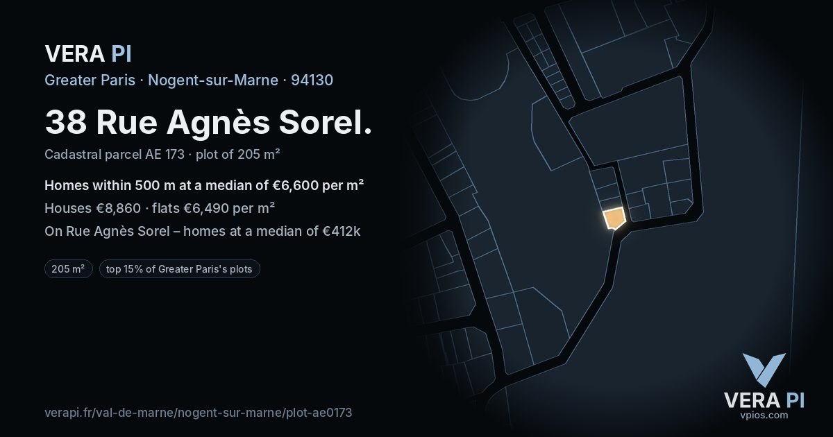 38 Rue Agnès Sorel, Nogent-sur-Marne at night – the plot lit, the parcels around coloured by the prices near them