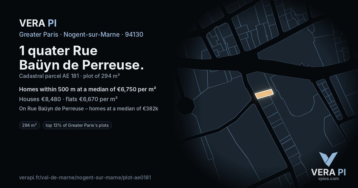 1 quater Rue Baüyn de Perreuse, Nogent-sur-Marne at night – the plot lit, the parcels around coloured by the prices near them