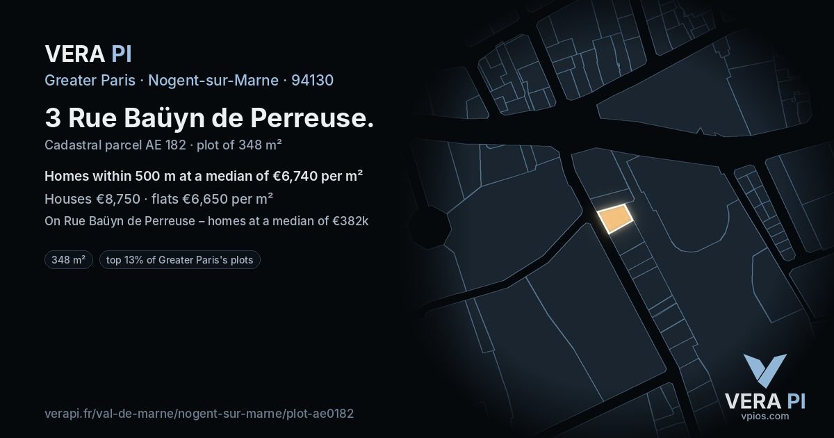 3 Rue Baüyn de Perreuse, Nogent-sur-Marne at night – the plot lit, the parcels around coloured by the prices near them