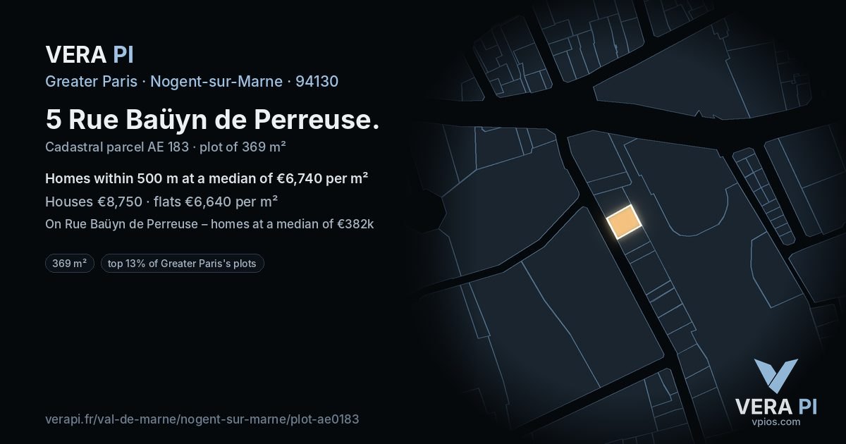5 Rue Baüyn de Perreuse, Nogent-sur-Marne at night – the plot lit, the parcels around coloured by the prices near them