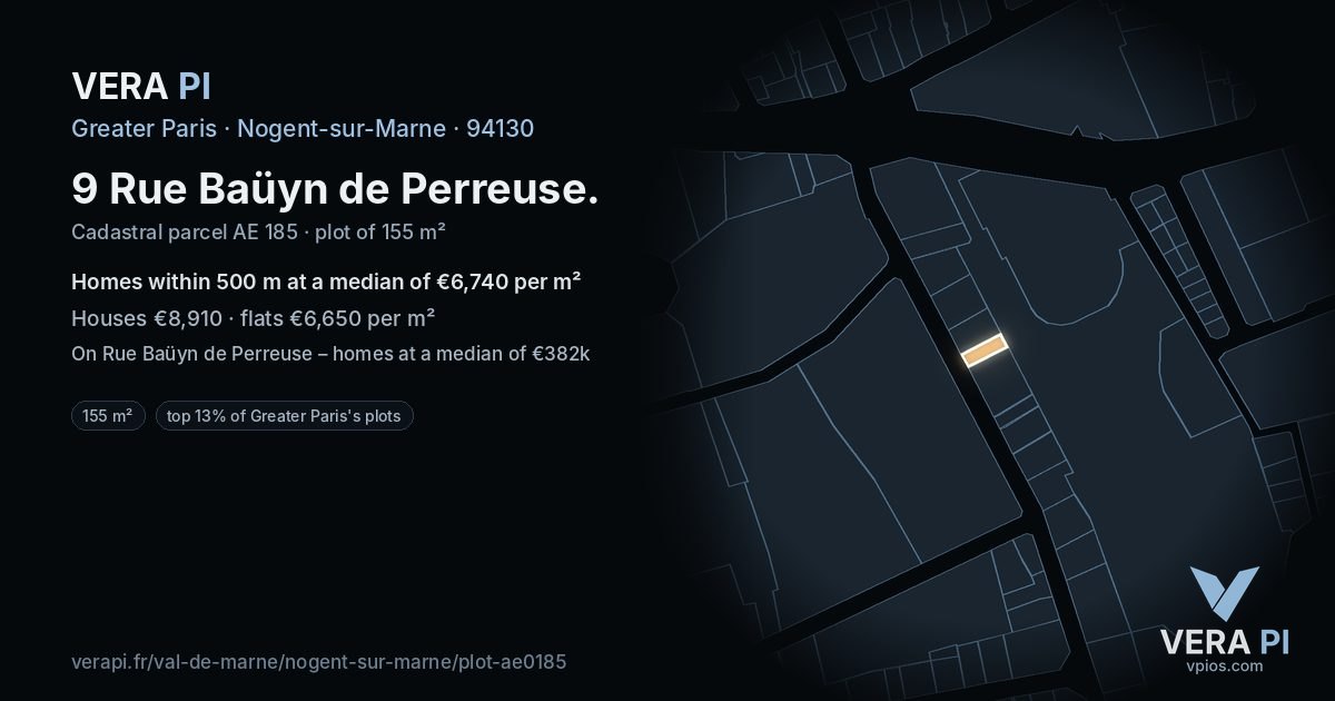 9 Rue Baüyn de Perreuse, Nogent-sur-Marne at night – the plot lit, the parcels around coloured by the prices near them