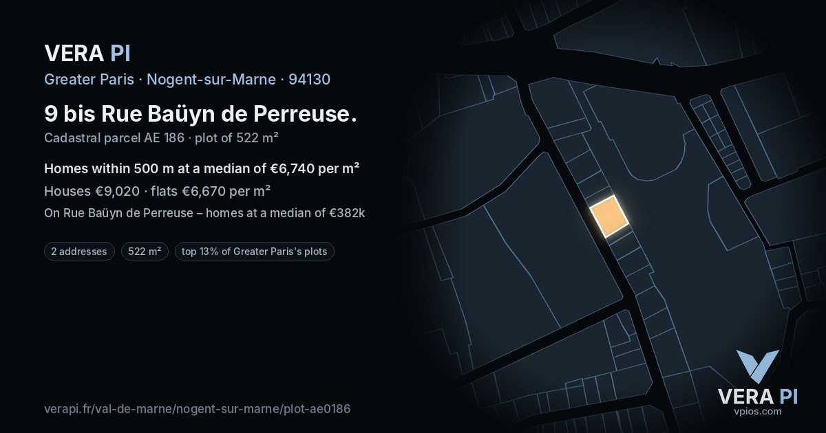 9 bis Rue Baüyn de Perreuse, Nogent-sur-Marne at night – the plot lit, the parcels around coloured by the prices near them