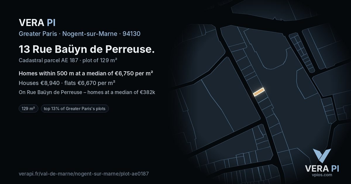 13 Rue Baüyn de Perreuse, Nogent-sur-Marne at night – the plot lit, the parcels around coloured by the prices near them