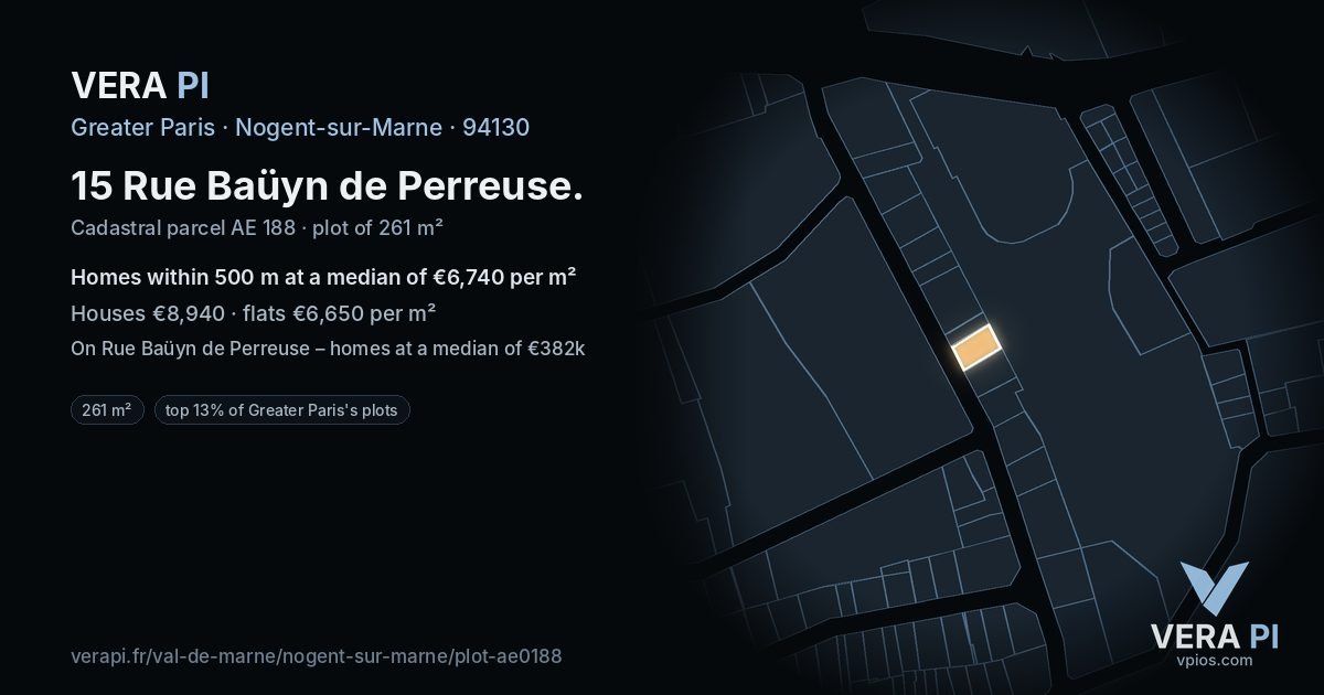 15 Rue Baüyn de Perreuse, Nogent-sur-Marne at night – the plot lit, the parcels around coloured by the prices near them
