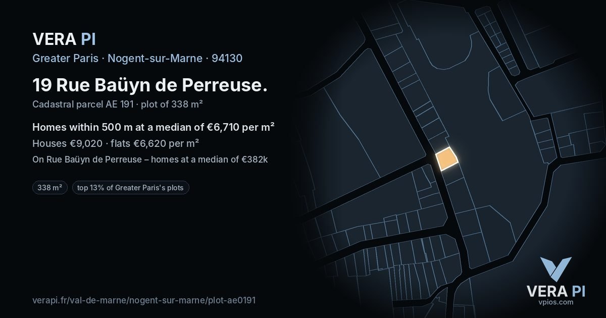 19 Rue Baüyn de Perreuse, Nogent-sur-Marne at night – the plot lit, the parcels around coloured by the prices near them