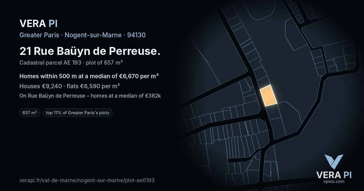 21 Rue Baüyn de Perreuse, Nogent-sur-Marne at night – the plot lit, the parcels around coloured by the prices near them