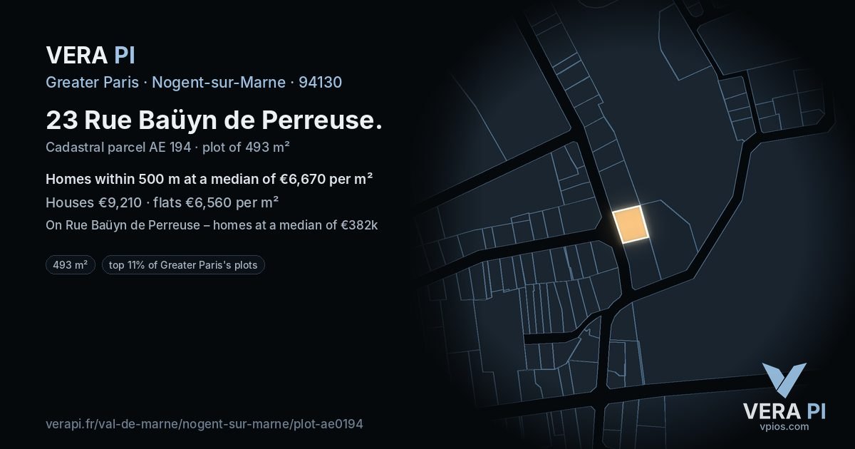 23 Rue Baüyn de Perreuse, Nogent-sur-Marne at night – the plot lit, the parcels around coloured by the prices near them