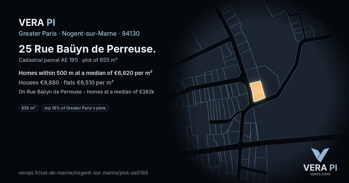 25 Rue Baüyn de Perreuse, Nogent-sur-Marne at night – the plot lit, the parcels around coloured by the prices near them