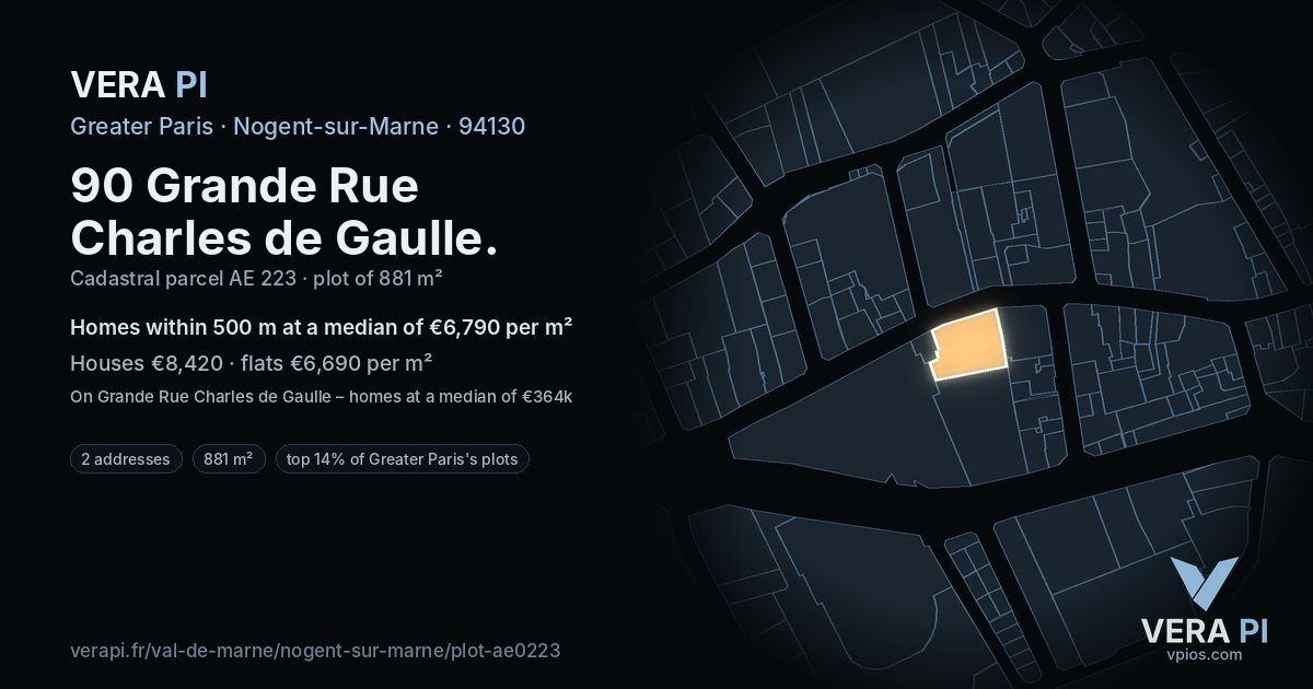90 Grande Rue Charles de Gaulle, Nogent-sur-Marne at night – the plot lit, the parcels around coloured by the prices near them