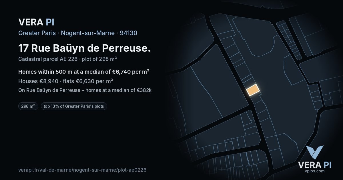 17 Rue Baüyn de Perreuse, Nogent-sur-Marne at night – the plot lit, the parcels around coloured by the prices near them