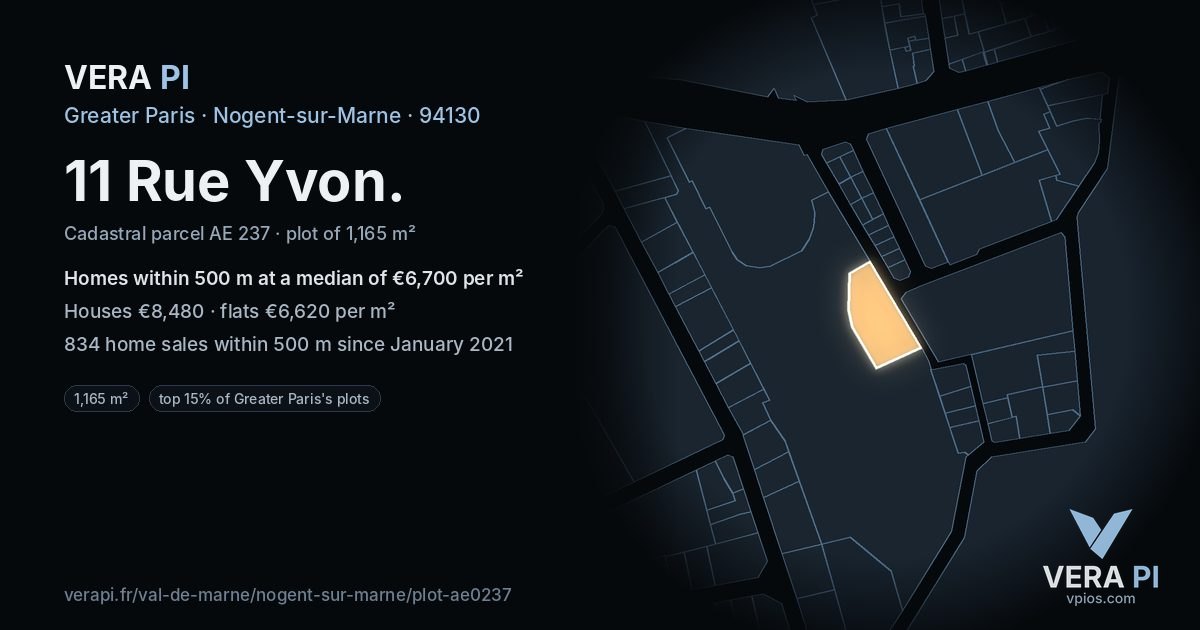 11 Rue Yvon, Nogent-sur-Marne at night – the plot lit, the parcels around coloured by the prices near them