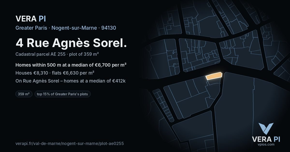 4 Rue Agnès Sorel, Nogent-sur-Marne at night – the plot lit, the parcels around coloured by the prices near them