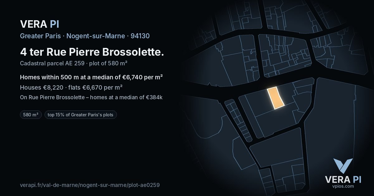 4 ter Rue Pierre Brossolette, Nogent-sur-Marne at night – the plot lit, the parcels around coloured by the prices near them