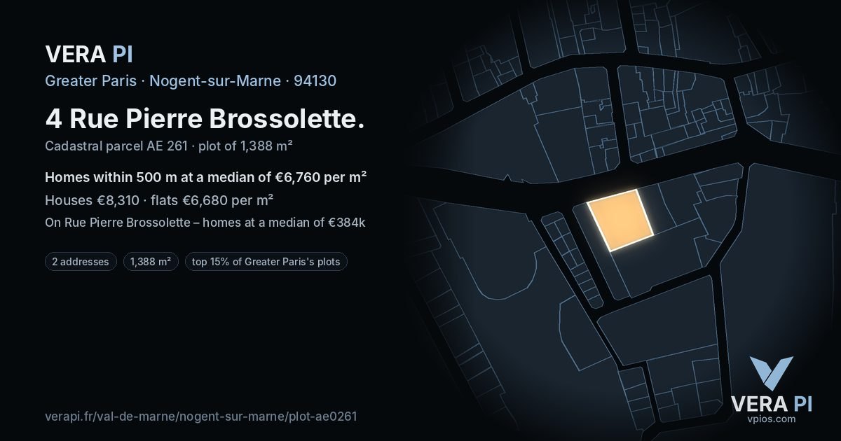 4 Rue Pierre Brossolette, Nogent-sur-Marne at night – the plot lit, the parcels around coloured by the prices near them