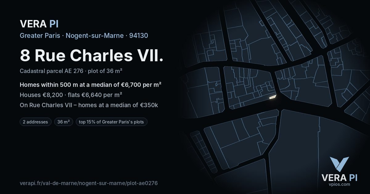 8 Rue Charles VII, Nogent-sur-Marne at night – the plot lit, the parcels around coloured by the prices near them