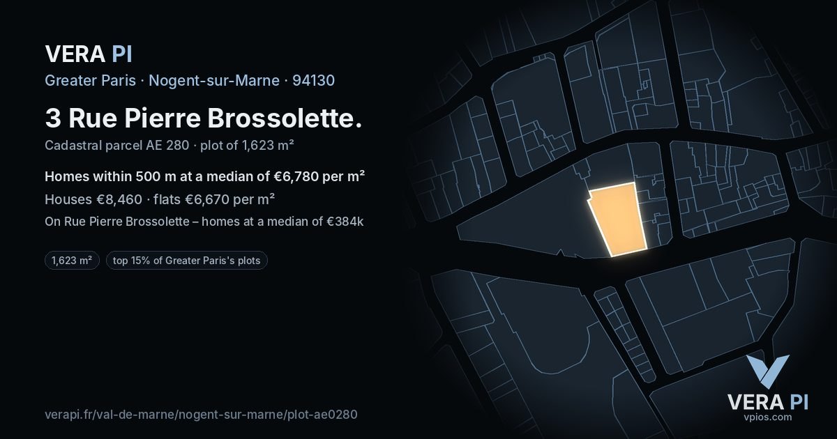 3 Rue Pierre Brossolette, Nogent-sur-Marne at night – the plot lit, the parcels around coloured by the prices near them