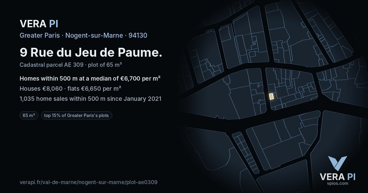 9 Rue du Jeu de Paume, Nogent-sur-Marne at night – the plot lit, the parcels around coloured by the prices near them