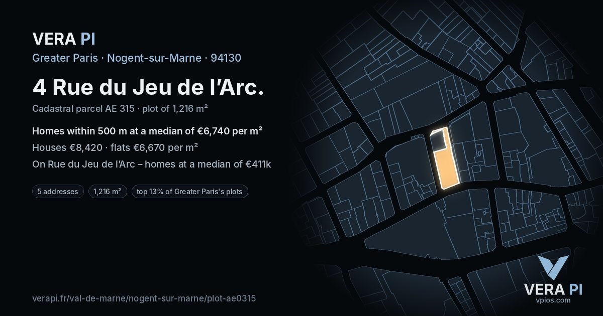 4 Rue du Jeu de l’Arc, Nogent-sur-Marne at night – the plot lit, the parcels around coloured by the prices near them