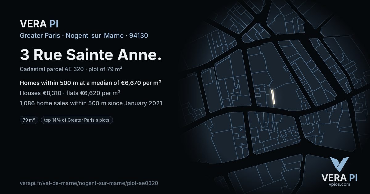 3 Rue Sainte Anne, Nogent-sur-Marne at night – the plot lit, the parcels around coloured by the prices near them