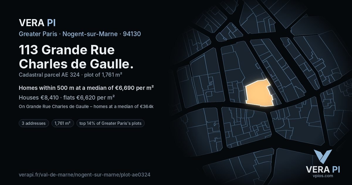 113 Grande Rue Charles de Gaulle, Nogent-sur-Marne at night – the plot lit, the parcels around coloured by the prices near them