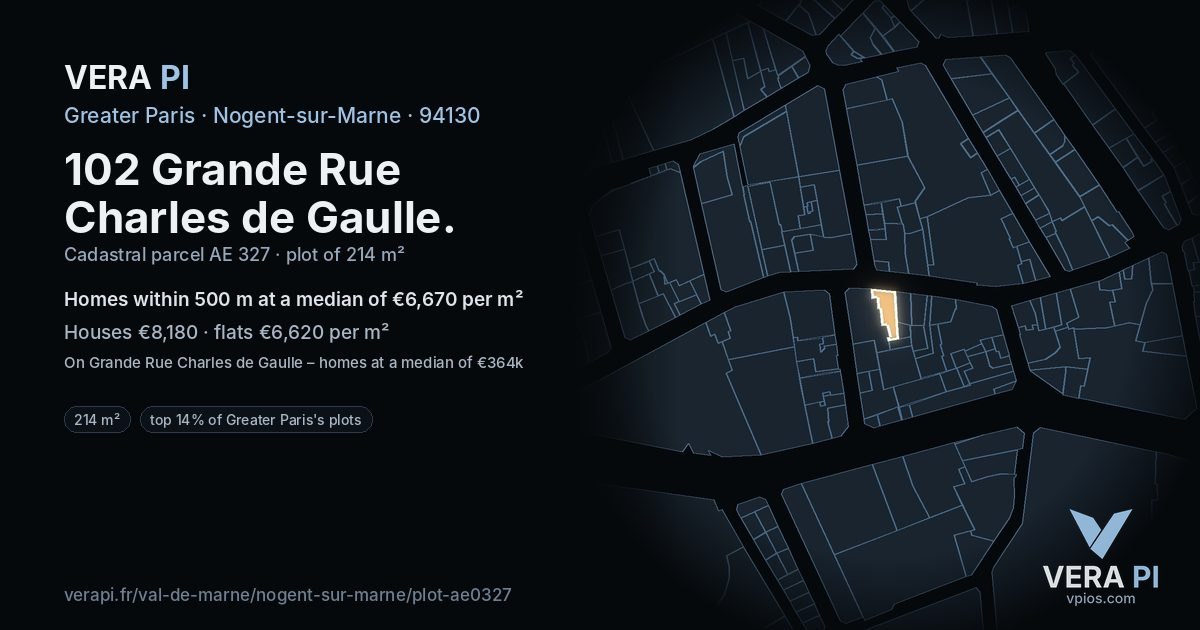 102 Grande Rue Charles de Gaulle, Nogent-sur-Marne at night – the plot lit, the parcels around coloured by the prices near them