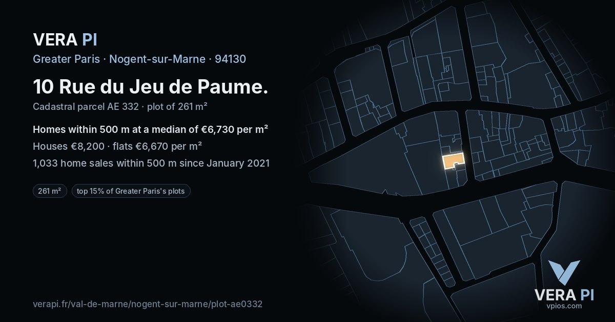 10 Rue du Jeu de Paume, Nogent-sur-Marne at night – the plot lit, the parcels around coloured by the prices near them
