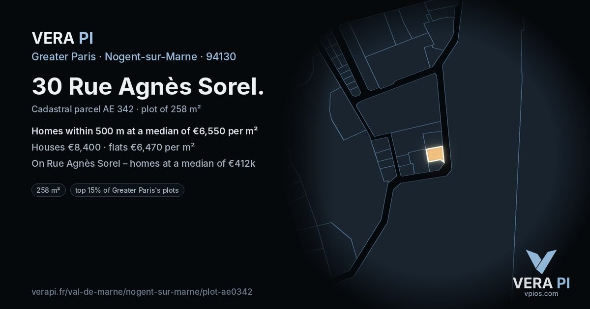 30 Rue Agnès Sorel, Nogent-sur-Marne at night – the plot lit, the parcels around coloured by the prices near them