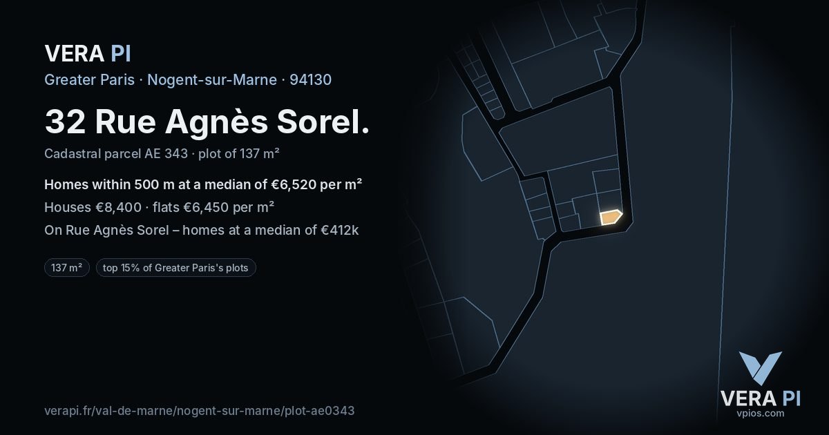 32 Rue Agnès Sorel, Nogent-sur-Marne at night – the plot lit, the parcels around coloured by the prices near them