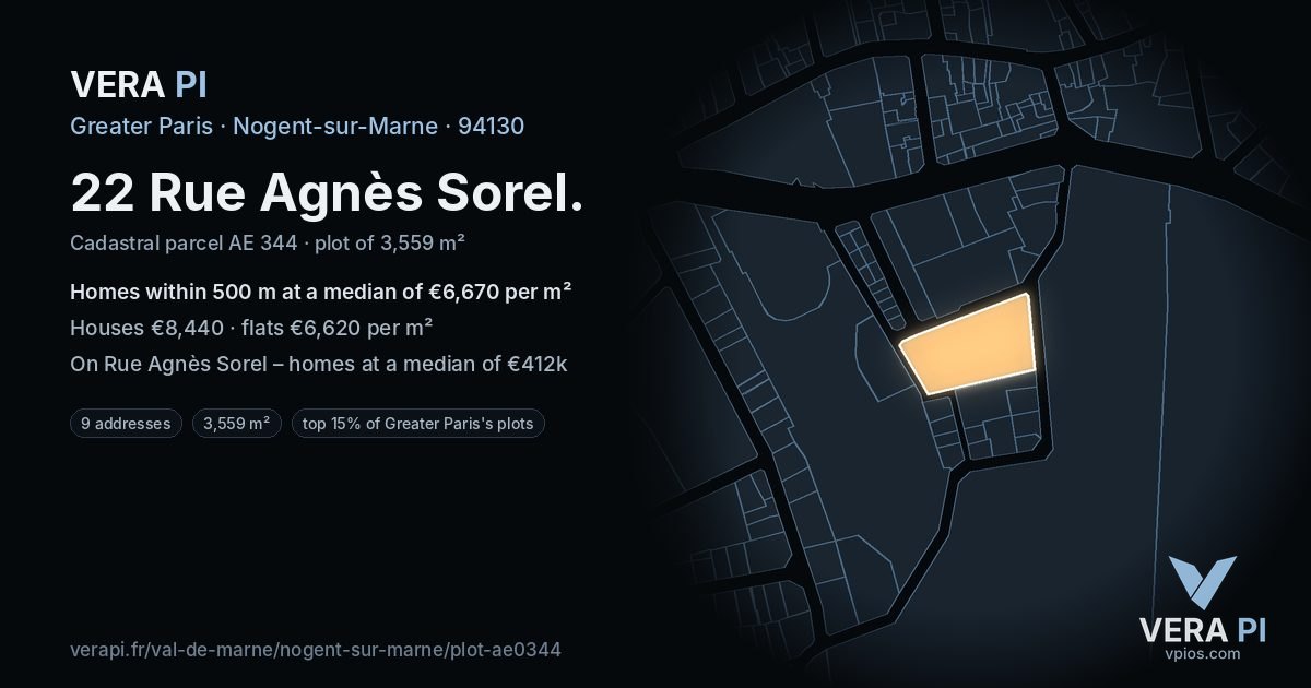 22 Rue Agnès Sorel, Nogent-sur-Marne at night – the plot lit, the parcels around coloured by the prices near them