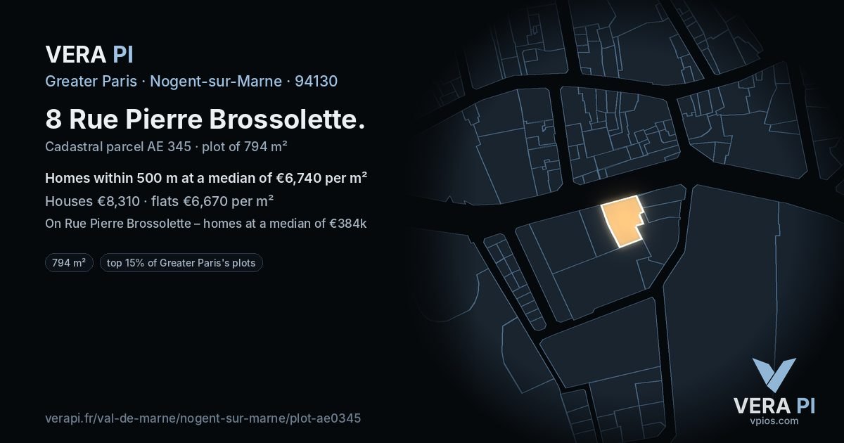 8 Rue Pierre Brossolette, Nogent-sur-Marne at night – the plot lit, the parcels around coloured by the prices near them