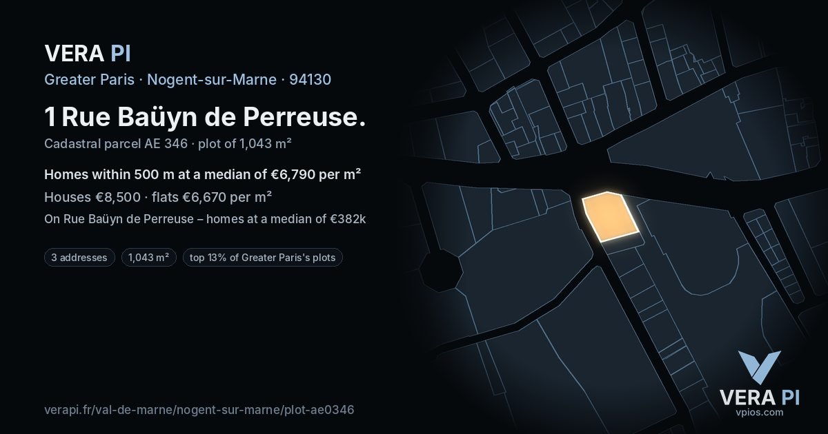 1 Rue Baüyn de Perreuse, Nogent-sur-Marne at night – the plot lit, the parcels around coloured by the prices near them