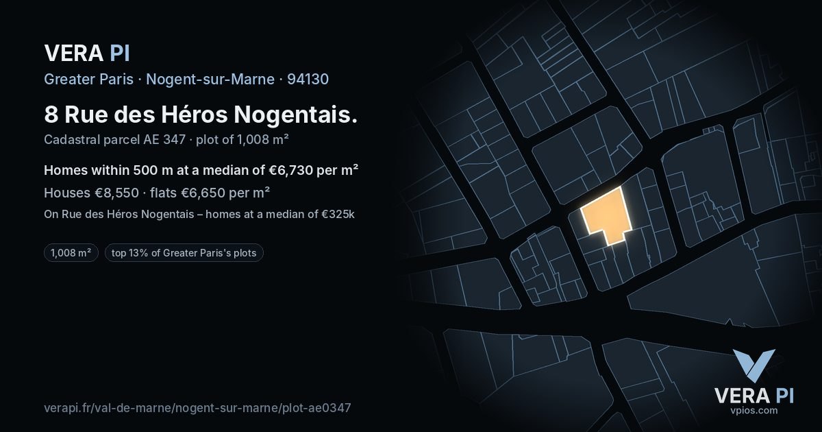 8 Rue des Héros Nogentais, Nogent-sur-Marne at night – the plot lit, the parcels around coloured by the prices near them