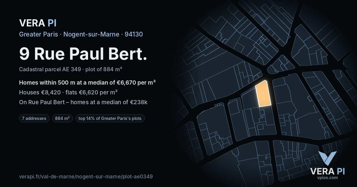 9 Rue Paul Bert, Nogent-sur-Marne at night – the plot lit, the parcels around coloured by the prices near them