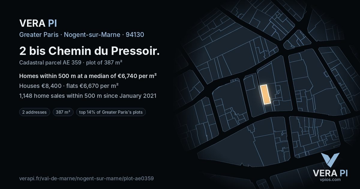 2 bis Chemin du Pressoir, Nogent-sur-Marne at night – the plot lit, the parcels around coloured by the prices near them