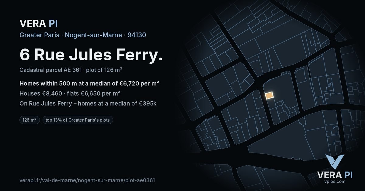 6 Rue Jules Ferry, Nogent-sur-Marne at night – the plot lit, the parcels around coloured by the prices near them