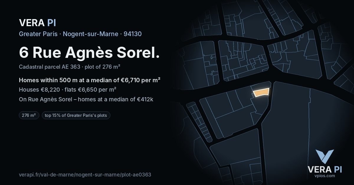 6 Rue Agnès Sorel, Nogent-sur-Marne at night – the plot lit, the parcels around coloured by the prices near them