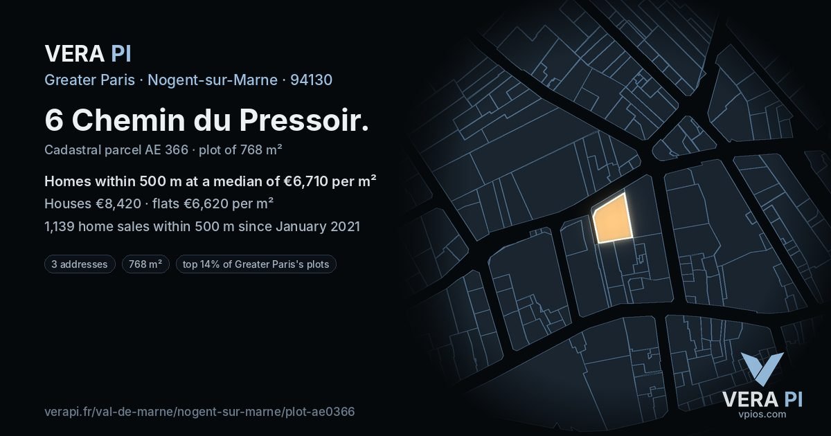 6 Chemin du Pressoir, Nogent-sur-Marne at night – the plot lit, the parcels around coloured by the prices near them