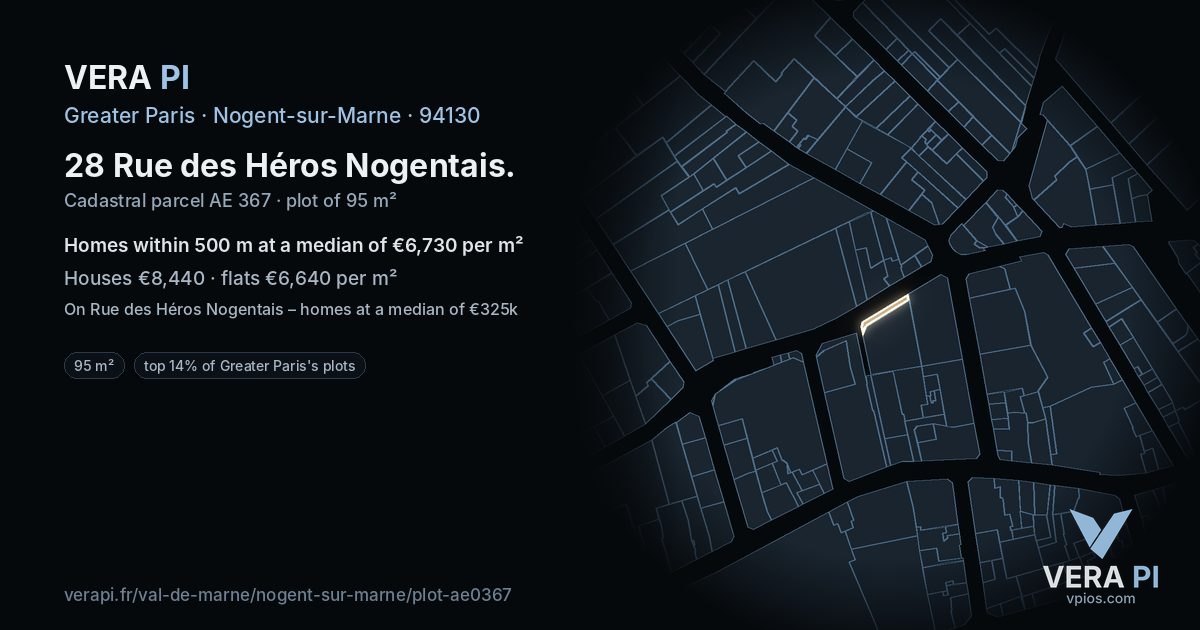 28 Rue des Héros Nogentais, Nogent-sur-Marne at night – the plot lit, the parcels around coloured by the prices near them