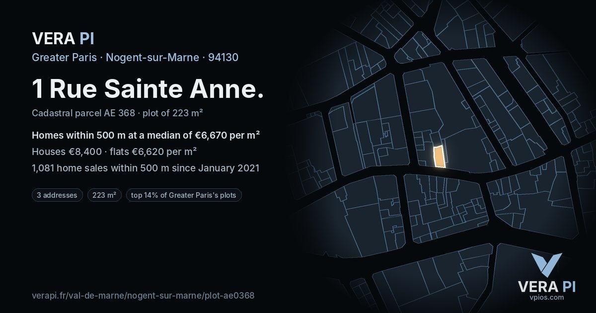 1 Rue Sainte Anne, Nogent-sur-Marne at night – the plot lit, the parcels around coloured by the prices near them