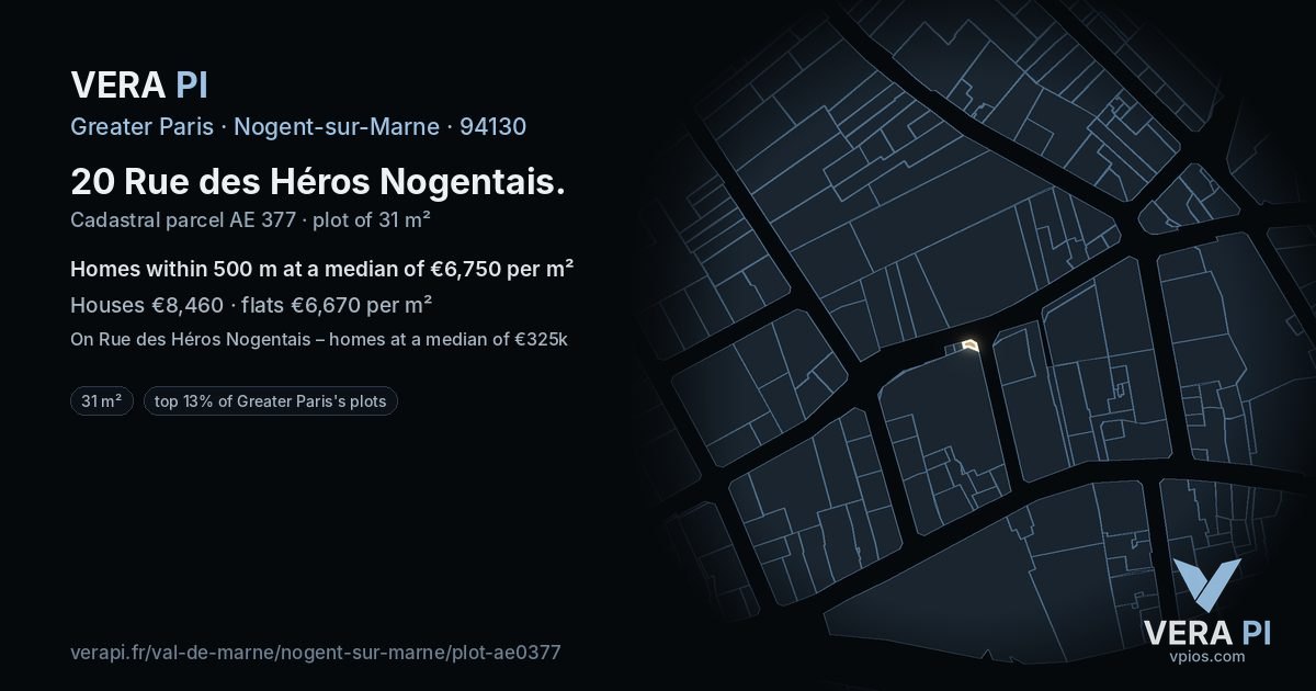 20 Rue des Héros Nogentais, Nogent-sur-Marne at night – the plot lit, the parcels around coloured by the prices near them