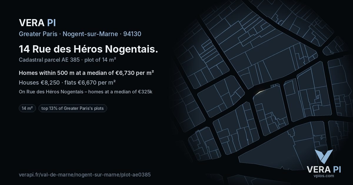 14 Rue des Héros Nogentais, Nogent-sur-Marne at night – the plot lit, the parcels around coloured by the prices near them