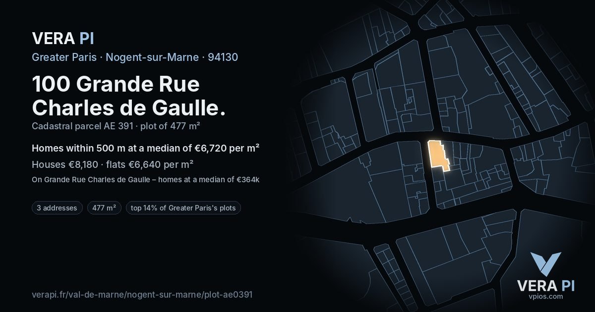 100 Grande Rue Charles de Gaulle, Nogent-sur-Marne at night – the plot lit, the parcels around coloured by the prices near them