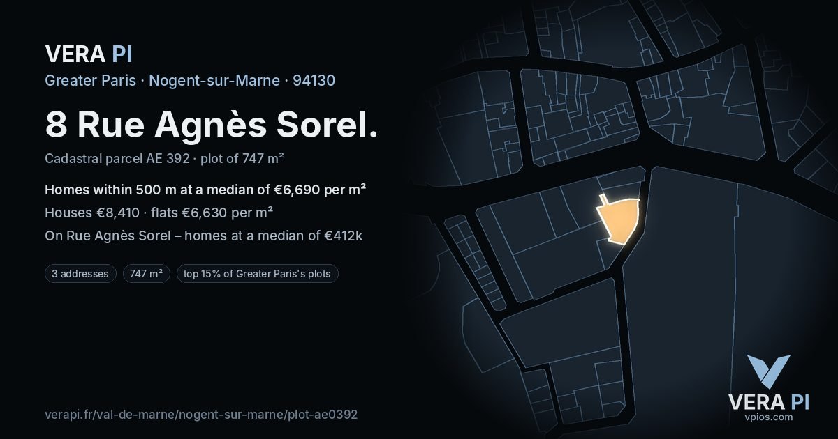 8 Rue Agnès Sorel, Nogent-sur-Marne at night – the plot lit, the parcels around coloured by the prices near them