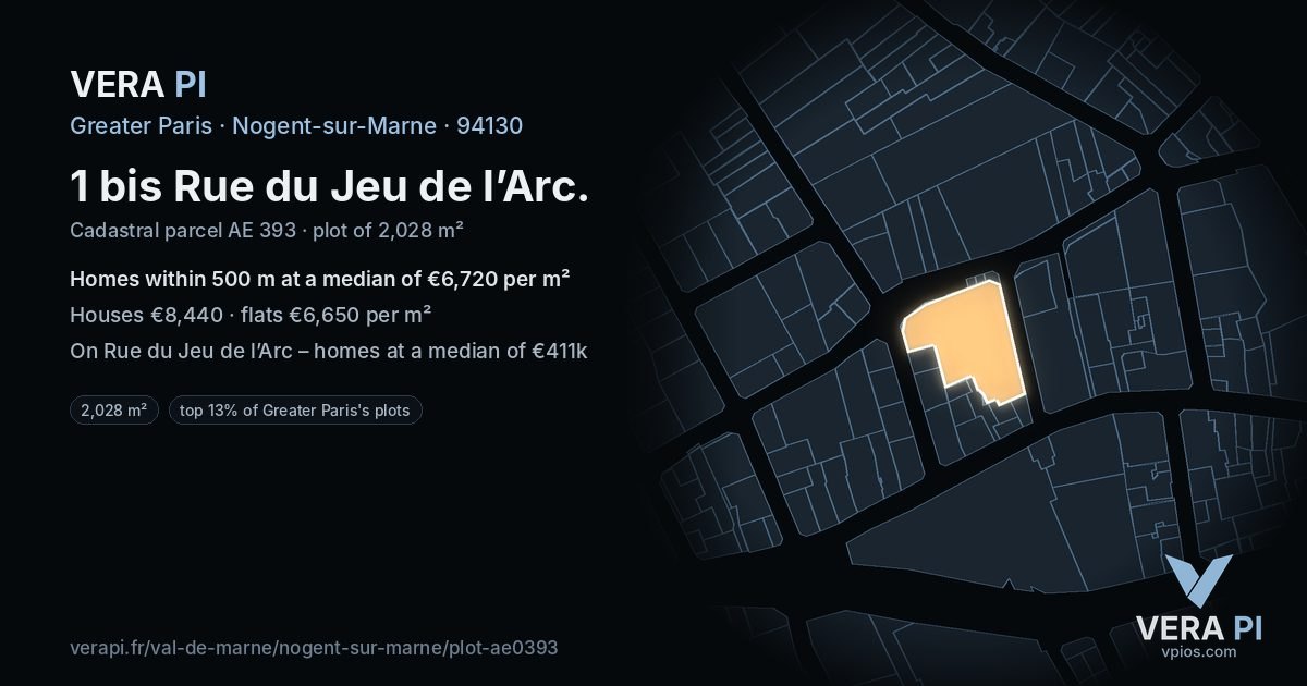 1 bis Rue du Jeu de l’Arc, Nogent-sur-Marne at night – the plot lit, the parcels around coloured by the prices near them