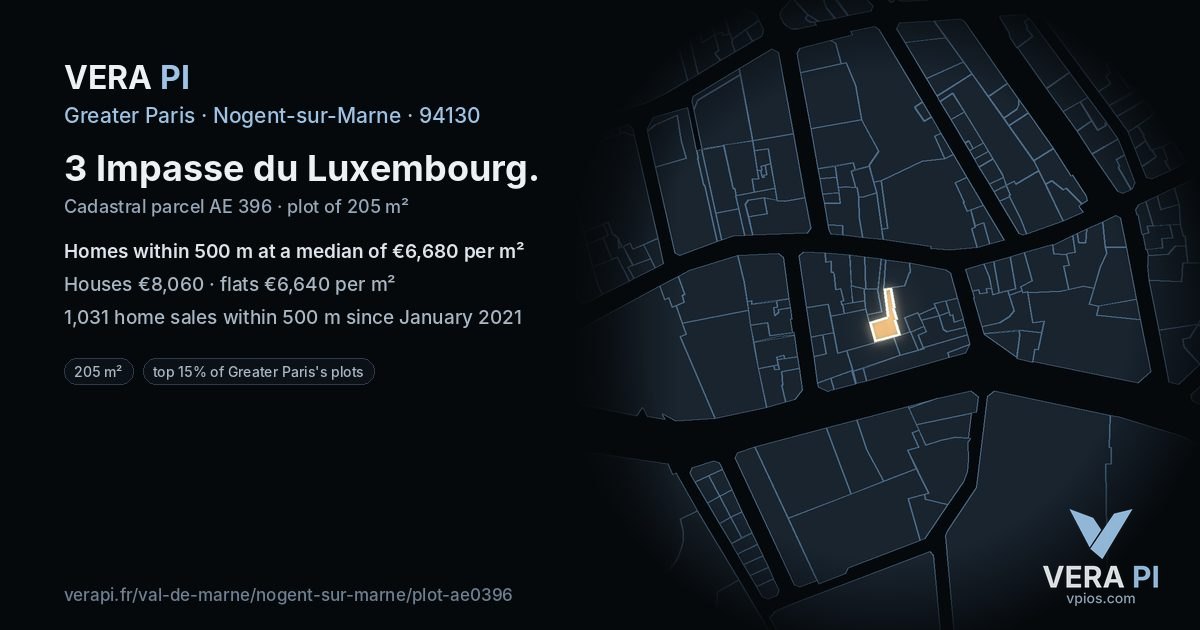 3 Impasse du Luxembourg, Nogent-sur-Marne at night – the plot lit, the parcels around coloured by the prices near them