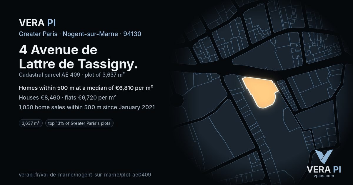 4 Avenue de Lattre de Tassigny, Nogent-sur-Marne at night – the plot lit, the parcels around coloured by the prices near them
