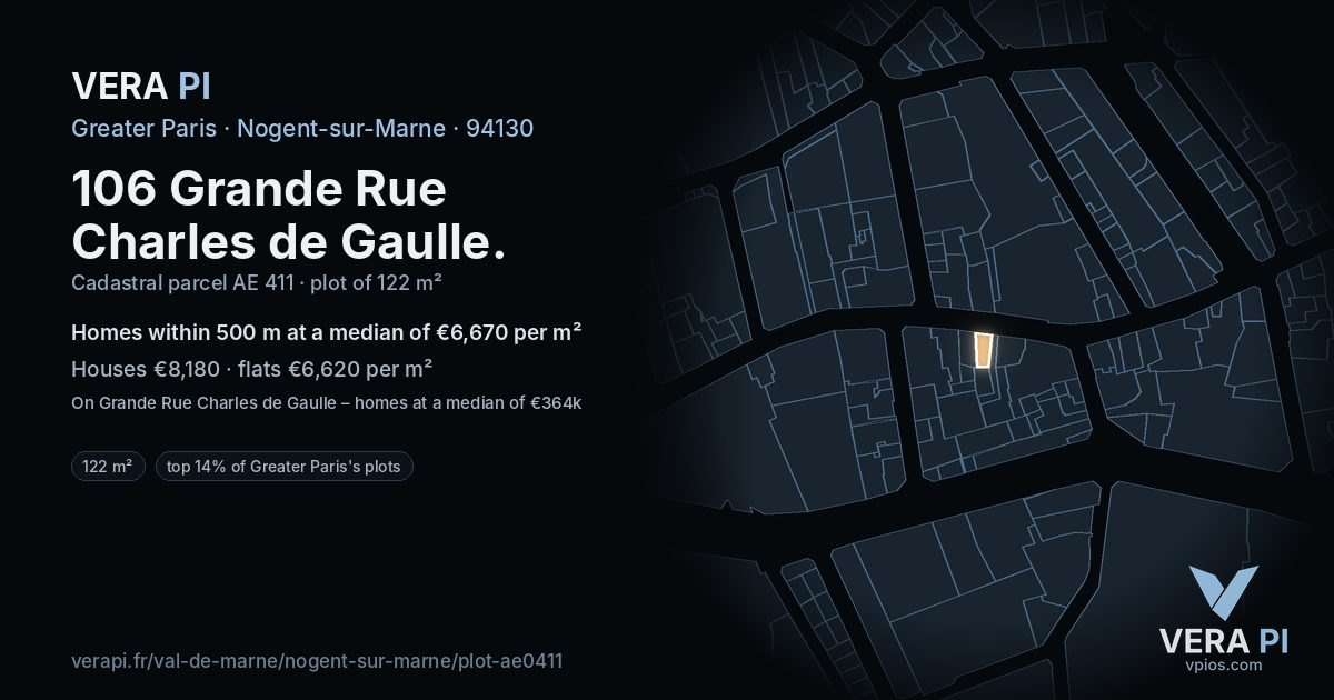 106 Grande Rue Charles de Gaulle, Nogent-sur-Marne at night – the plot lit, the parcels around coloured by the prices near them