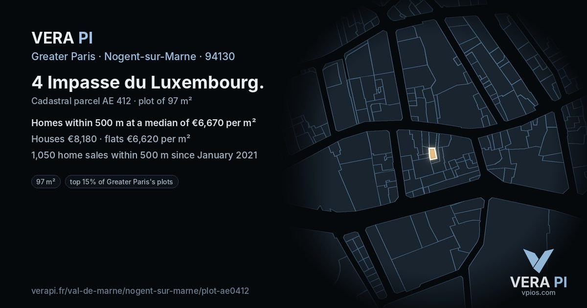 4 Impasse du Luxembourg, Nogent-sur-Marne at night – the plot lit, the parcels around coloured by the prices near them